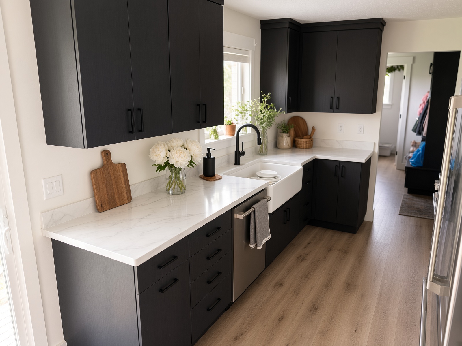 Galley kitchen with white marble-look laminate countertops, black cabinets and an apron-front sink