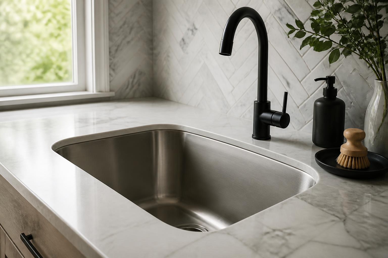 Stainless undermount sink set flush into a marble-look laminate countertop