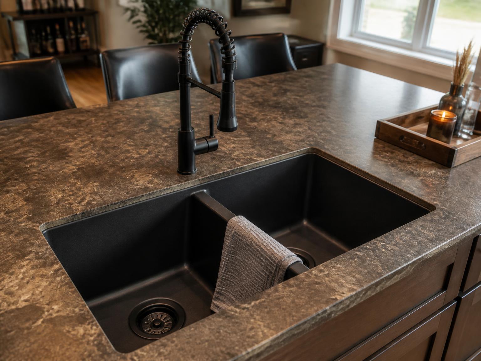Black double-bowl undermount sink flush in a brown veined laminate kitchen island