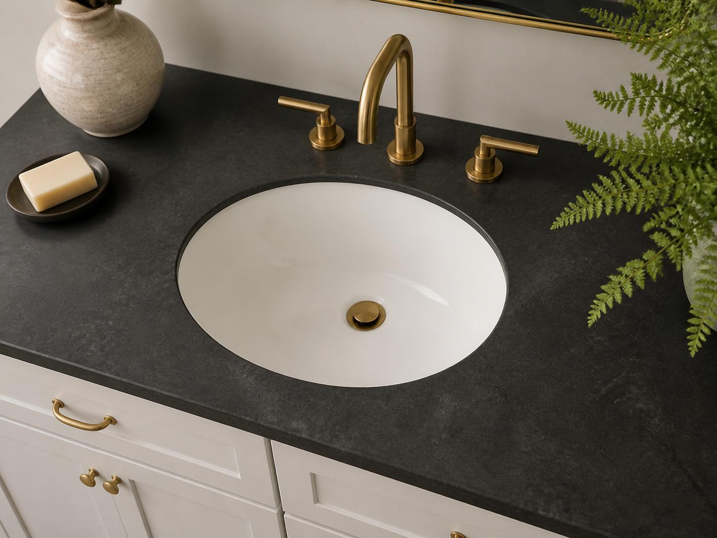 Seamless white undermount sink in a dark laminate vanity top