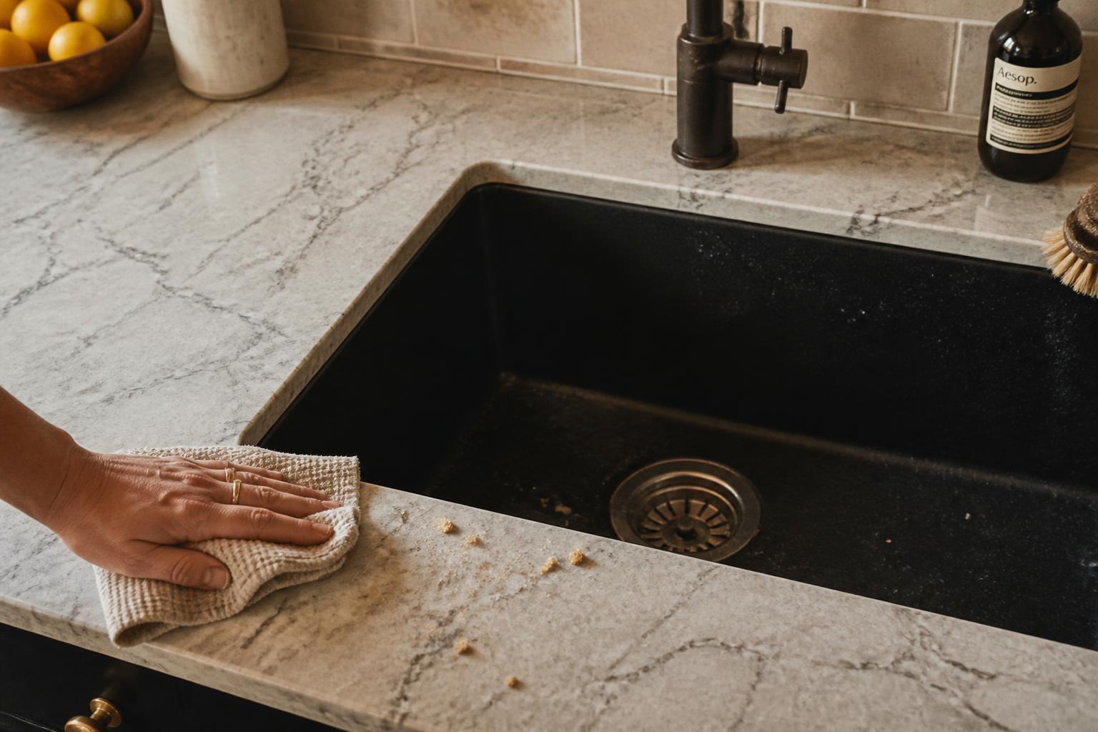 Hand wiping crumbs straight off a laminate countertop into a flush black undermount sink — no rim to catch them